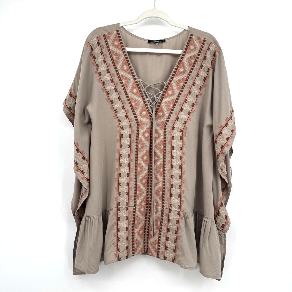 Andree by Unit Boho Embroidered Western TunicTan Lace Up V Neck Dress Top Size M